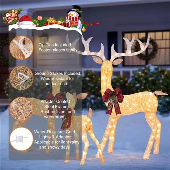 3 Piece Lighted Reindeer Family Set with 210 Lights Large Xmas  Light Up Decor - Picture 2 of 6